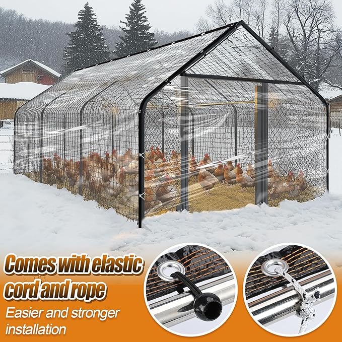 6.6x10Ft Chicken Coop Cover for Winter - Waterproof Durable Chicken Run Tarp with Elastic Cords & Rope, Easy to Install for Large Chicken Cage Walk-in Chicken Run Pen
