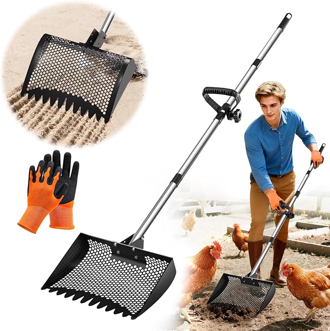 12inch Chicken Poop Scooper & Rake 2-in-1, Heavy Duty Metal Chicken Coop Scoop for Sand with Ergonomic Grip, Adjustable Angle Stainless Steel Chicken Coop Rake Litter Sifting Shovel (37-64")