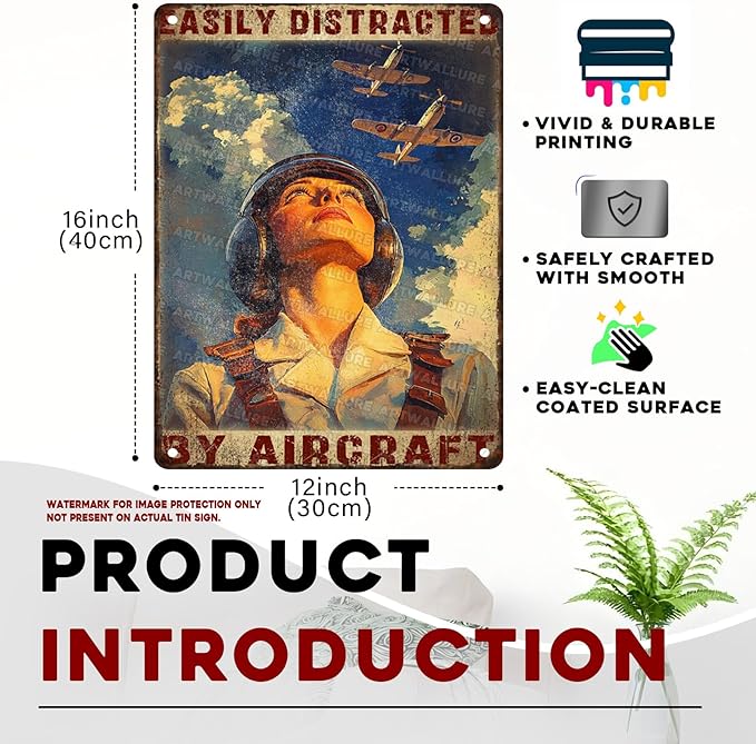 Airplanes Sign for Home Decor Easily Distracted By Airplanes Vintage Metal Poster Retro Art Decor for Backyard Garage Man Cave Shed Office Craft Room 12x16inch