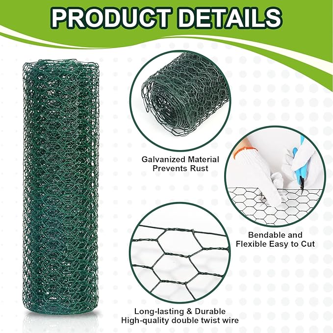 Green Floral Chicken Wire Mesh - 15.7 x 157 Inch Rustproof PVC Coated Hex Netting for Arrangements (0.6" Hex) Coated Netting Fence for Crafts Poultry, Garden