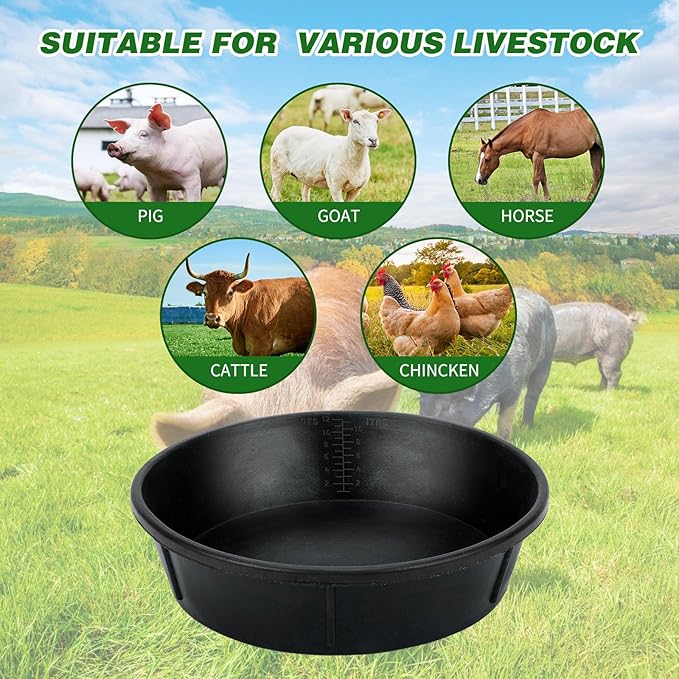 5Pcs Heavy Duty Rubber Feeder Pan, 12Q/3Gal Horses Feed Pan, Large Feed Bucket for Animal Feeding, Livestock Water Bowl Chicken Dust Bath Tub for Horse Goat Pig Dog Farm Livestock Poultry
