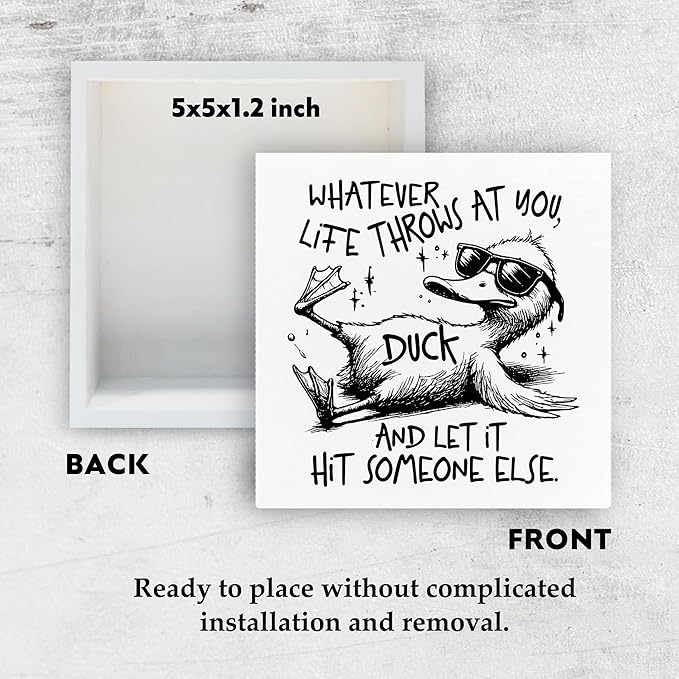 Funny Wooden Box Sign - Sarcastic Gifts for Women, Duck Decor, Funny Decorations, Retro Whatever Life Throws at You Duck Wooden Box Sign for Home Shelf Desk Office 5x5 Inch