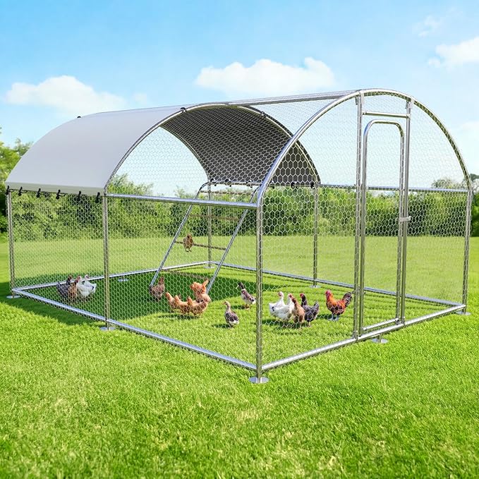 Large Metal Chicken Coop with Weatherproof Cover and Multi-Purpose Chicken Run for Chickens, Rabbits, Ducks, Farm and Yard Animal Pen(10’ W x 13.2’ L x 6.4’ H, Dome Roof-Roosting Perch)