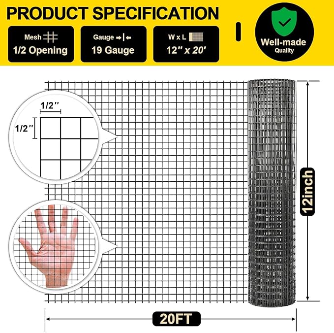 Black Hardware Cloth 12'' x 20' PVC Steel Vinyl Coated 1/2 inch Galvanized Wire Mesh Roll (19 GA) Chicken Wire Fence Roll, for coop Fences,Screen mesh, Rabbit/Snake Fences, Poultry enclosures, etc.