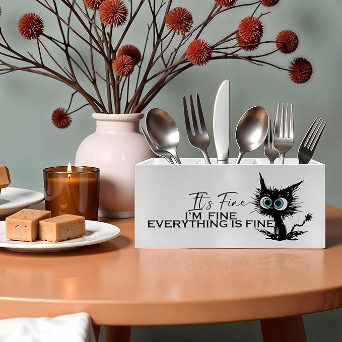 Funny Black Cat Pencil Pen Holder for Desk, I'm Fine Everything Is Fine Wooden Pencil Holder Organizer for Home Office Desk Accessories, Funny Office Gifts for Coworkers
