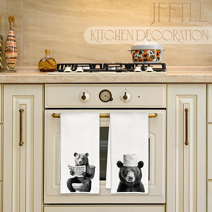 Funny Toilet Newspaper Black Bear Hand Towels, Wild Animal Hand Towels for Bathroom Washroom Restroom, Bear Bathroom Decor, 16x24 Inch Set of 2