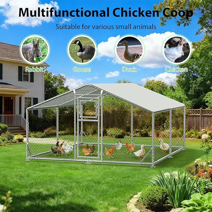 13x10 FT Walk in Chicken Coop, Functional Split Door Metal Chicken Coop Run with Hardware Cloth & Cover, Heavy Duty Duck Pen with Galvanized Frame, Large Animal Run for Chicken, Duck, Goat