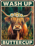 Vintage Highland Cattle Tin Sign Wash Up Buttercup Retro Wall Decor Decorations for Home Funny Cow Lover Poster Indoor Store Cafe Toilet Farmhouse Yard Garden Bar Pubs Rustic Farm 12 * 16inch