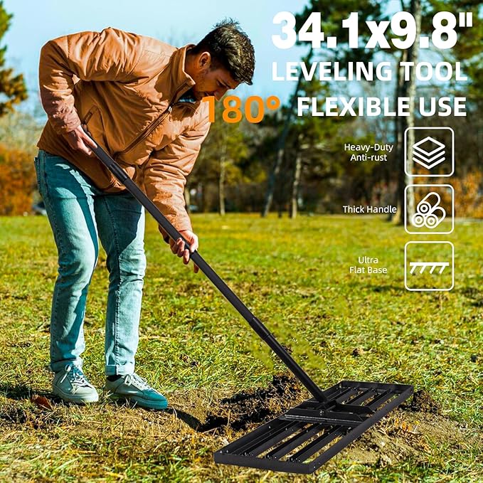 Lawn Leveling rake 34.1"x9.4" Levelawn Tool with 70.5" Adjustable Long Handle Heavy Duty Landscape Leveling Rake Lawn Leveler Yard Tool for Backyard, Golf Course, Garden, Pasture, Farm