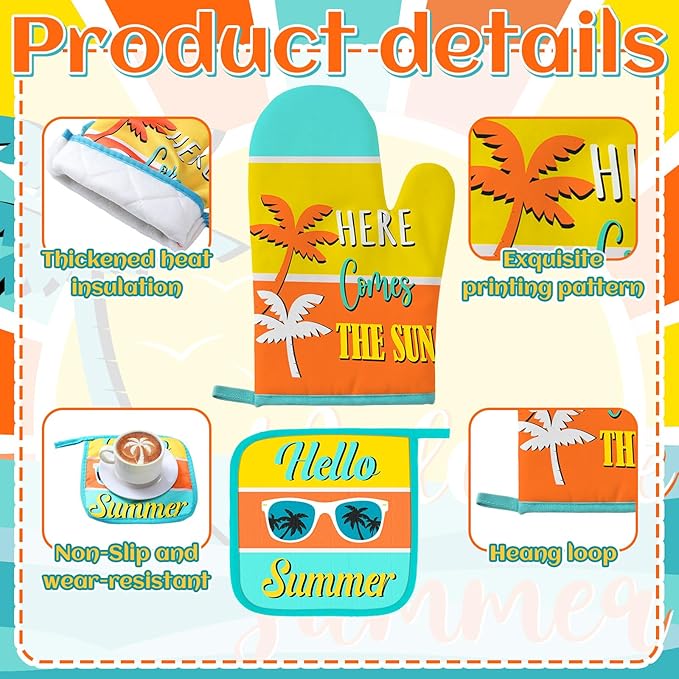 10 Pcs Hello Summer Kitchen Decor and Accessories Sunshine Beach Oven Mitts and Pot Holders Set Sunglass Dish Towels Boho Kitchen Decor Palm Gloves for Baking Cooking Grilling BBQ Women Gift