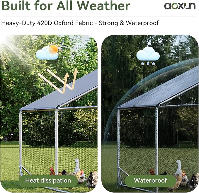 Aoxun Large Metal Chicken Coop, Outdoor Chicken Runs for Yard with Cover, Spire Roof Hen House Enclosure with Security Lock, Walk-in Cage Peak Hen House for Yard Farm (10x20x6.4 FT)