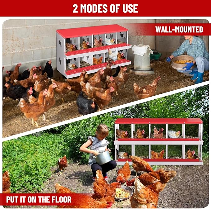 TrailBlaze Chicken Nesting Box 10 Compartments Laying Boxes, Metal Chicken Egg Laying Box with Rollout Egg Collection, Large Vented Holes Chicken Coop for Chickens, Hens (Red)