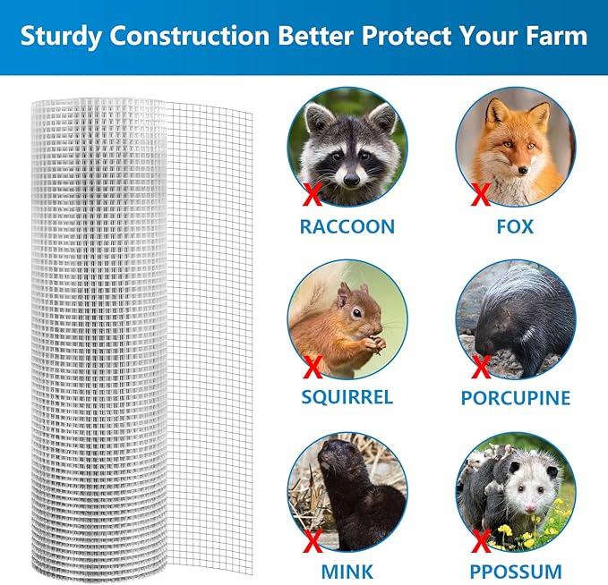 48inx100ft 1/2 in 19 Gauge Hardware Cloth, Metal Screen Galvanized Wire Mesh Welded Wire Fencing Critter Fence Poultry Netting Chicken Wire Fence Rabbit Fencing Garden Fencing Fence Netting Silver