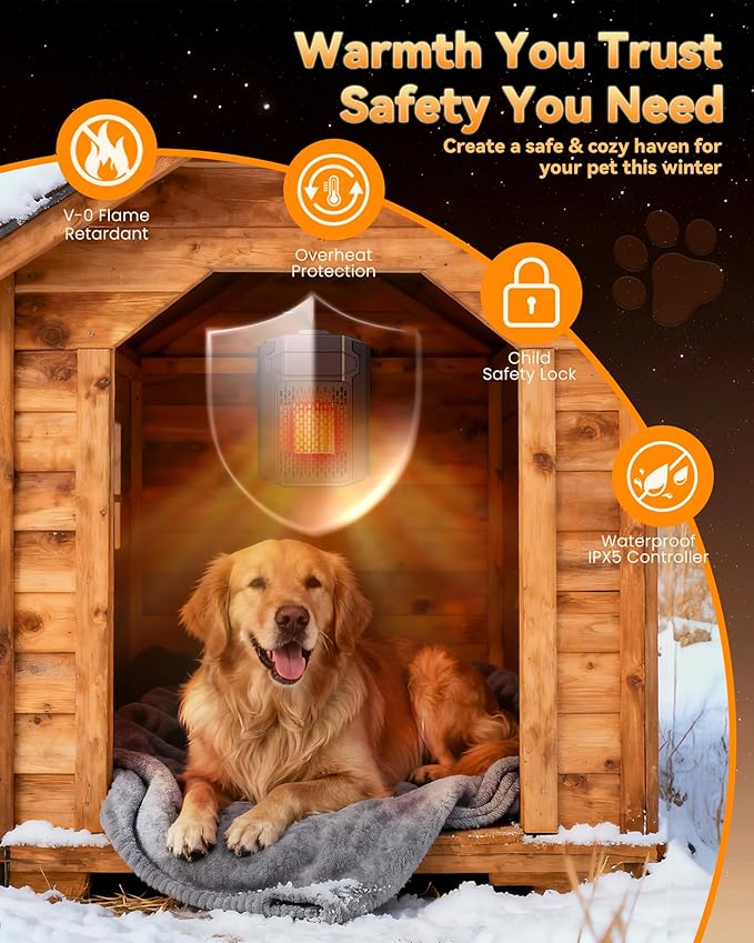 Dog House Heater with Thermostat & Smart APP WIFI Remote, 500W Fast Dog House Heaters Outdoor Doghouse, Chicken Coop, Pig Cat House, 41℉-113℉ Adjustable Temp & Timer, Pet Safe Space Electric Warmer
