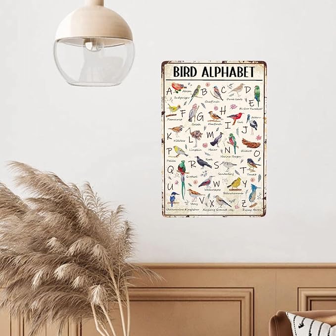 JOCASA Bird Alphabet Vintage Metal Poster Sign Decor-Retro Aluminum Metal Tin Sign for Home Wall Decor, Garden, Bedroom, Signs Gift,12''x 8''