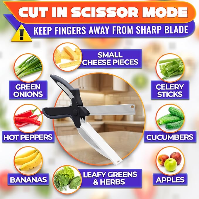 2 in 1 Kitchen Scissors for Food – Stainless Steel Blade & Plastic Cutting Board Scissors with Safety Lock | 9.5" Tomato Knife, Fruit & Vegetable Cutter – Easy-to-Use Kitchen Shears for Meat, Cheese