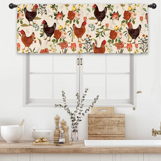 Rooster Chicken Flower Kitchen Curtain Valance 54W x 18L Inch Farmhouse Rustic Vintage Peony Country Rural Rod Pocket Short Cafe Small Window Treatment Drapes Decor