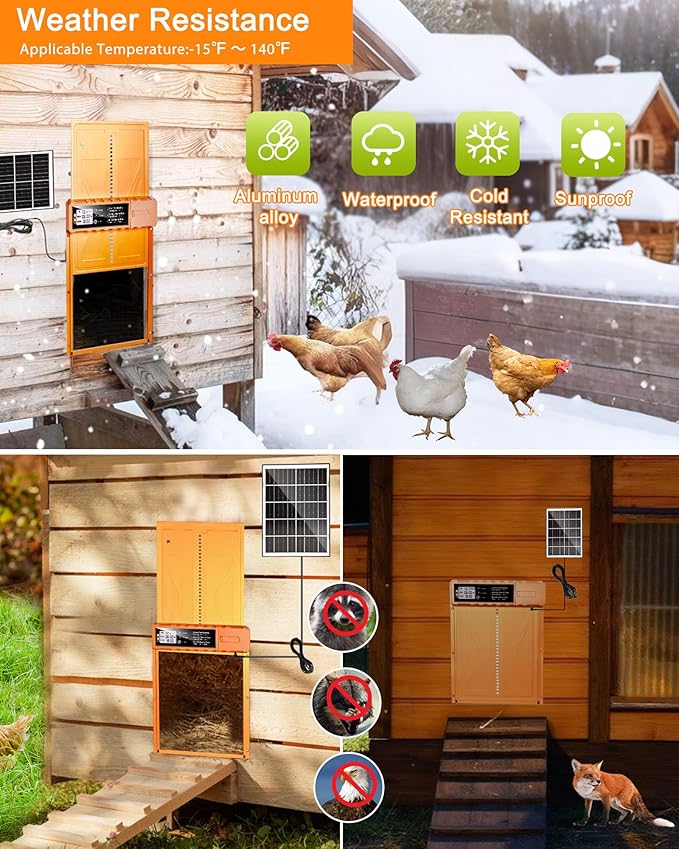 Automatic Chicken Coop Door Solar Powered, Size 14.2″ x 10.8″, Orange Aluminum Alloy Chicken Coop Door Design with USB-C Charging & 3 Modes, Auto Chicken Door with Remote Control, Anti-Pinch