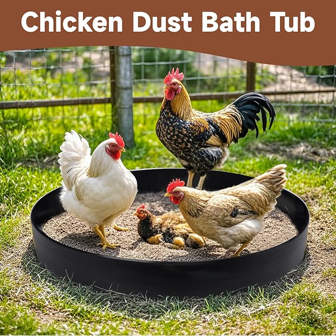 BJADE'S Adjustable Chicken Dust Bath Tub,25'' D * 5.9'' H, Bottomless Design,Chickens Coop Accessory,Chicken Cage Lime Container for Chickens,Ducks,Turkeys,Quails for Chicken Coops