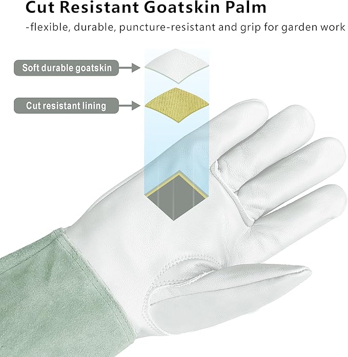 Leather Gardening Gloves – Goatskin Palm & Cowhide Cuff, Thorn-Resistant Long Garden Work Gloves