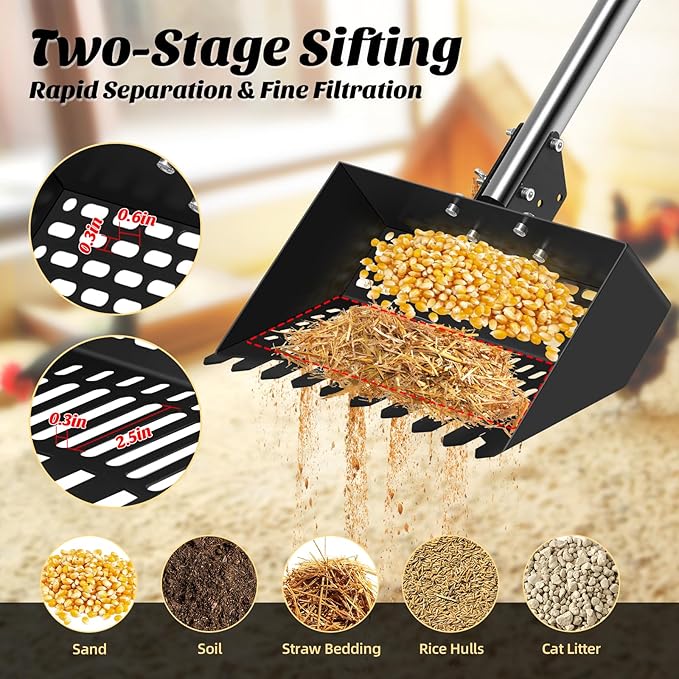 Chicken Poop Scooper & Rake, 2-in- Metal Litter Scoop Sand Sifting Shovel with 28" to 55" Adjustable Stainless Steel Handle for Chicken Coop Accessories/Supplies, Farm, Sheep Pen, Cat Litter, Black