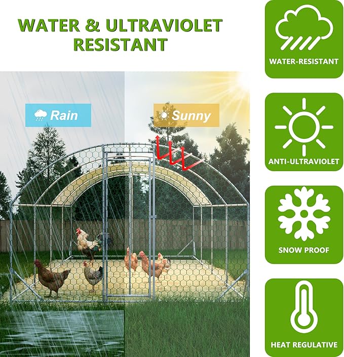 KEIKI Metal Chicken Coop, Metal Chicken Run with Waterproof Cover, Farm Poultry Run Hutch Hen House, Heavy Duty Outdoor Walk-in Chicken Pen for Poultry Duck Rabbit, 26ft x 9ft x 6ft