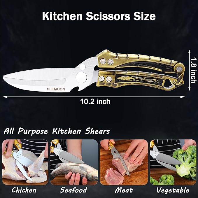 Kitchen Shears Heavy Duty Poultry Shears for Bone,Chicken,Turkey,Meat,Fish and Pizza Cutting Board Kitchen Scissors All Purpose for Food Ideal for Chef and Home Cooking,Dishwasher Safe Brass