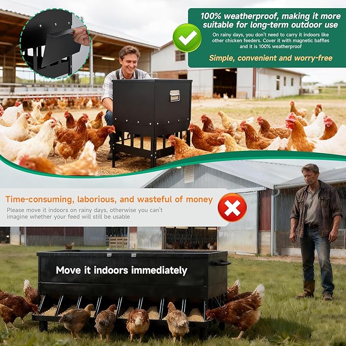 80-100LBS Large Chicken Feeder No Waste 16-Ports Automatic with Magnetic Baffle to Prevent Rodents and Mice Large Poultry Feeder Adjustable Height Suitable for All Poultry, Weatherproof