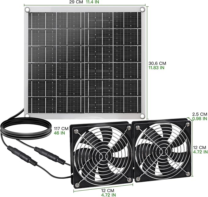 Solar Fan, 15W Solar Panel Fan with Two IP67 Waterproof Fan for Small Chicken Coops, Greenhouses, Sheds, Pet Houses, Intake or Exhaust air