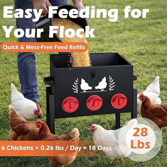 Large Capacity Automatic Chicken Feeder, 6 Port Chicken Feeder, 28LB Metal Chicken Feeders with Locking Lid & Adjustable Legs, No Waste Chicken Feeder, Black