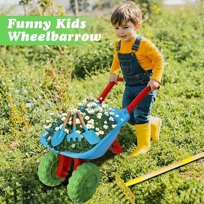 Kids Gardening Tools Set, Gardening Set for Kids, Outdoor Backyard Farm Digging Toys with Wheelbarrow Shovel, Rake, Trowel, Fork, Birthday Gifts for Boys Girls Age 3+