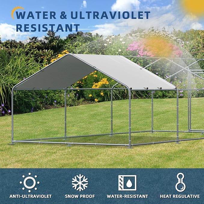 Outdoor Large Metal Chicken Coop Walk-in Poultry Cage Hen Run House Duck House Rabbits Habitat Cage Spire Shaped Coop with Waterproof and Anti-Ultraviolet Cover for Backyard Farm