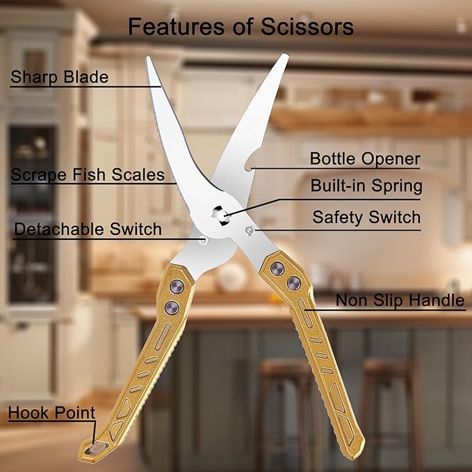 Heavy Duty Kitchen Poultry Shears - Professional Food Scissors for Spatchcocking Chicken, Cutting Raw Meat & Poultry Bones, Thick Steel Blades, Spring-Loaded, Dishwasher Safe Gold