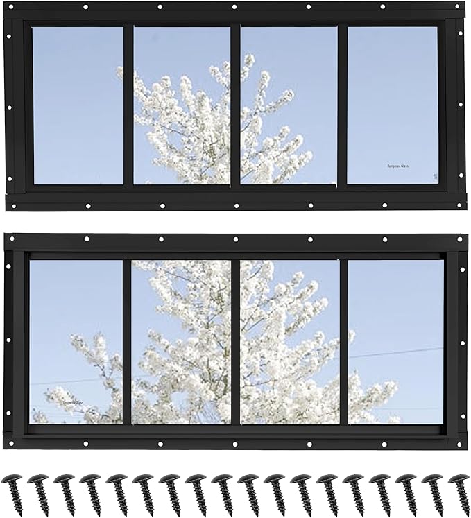 Shed Windows 2 Pack, Transom Windows 10" x 23" with Tempered Glass, Garage Doors Window for Shed, Chicken Coop, Playhouse, Household (Black)