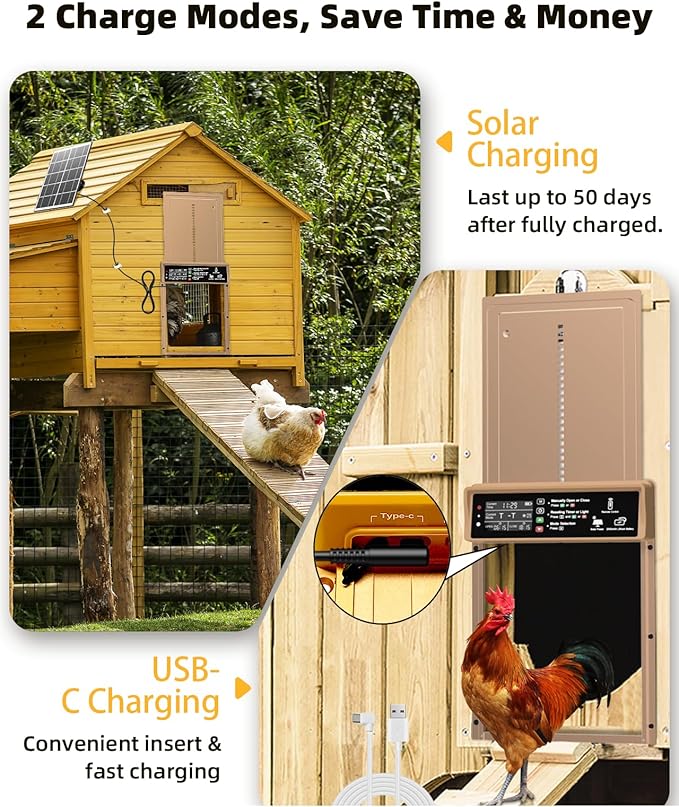 Automatic Chicken Coop Door, Pet Deluxe Chicken Coop Door Solar Powered 7W - Programmable Timer, Light Sensor, Anti-Pinch Safety, Aluminum Alloy Frame with 10 Wire Clips Chicken Door - Brown