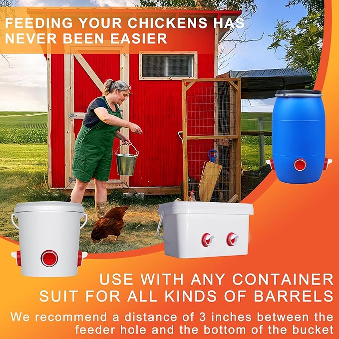 Chicken Feeders No Waste, DIY Automatic Poultry Feeder 4 Ports 1 Hole Saw with Covers Gravity Feed Kit for Buckets Barrels Bins Troughs
