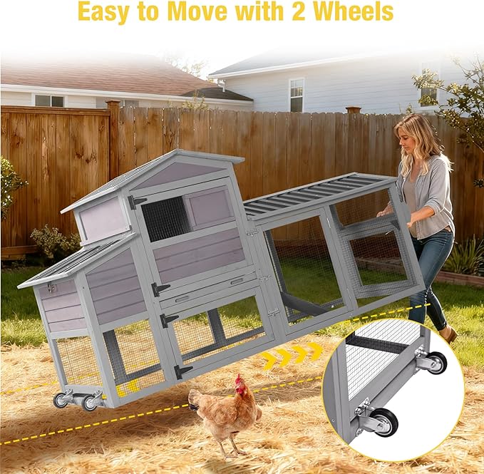 Aivituvin Large Chicken Coop Wooden with Wheels, Mobile Chicken Coop with Nesting Box & Waterproof Asphalt Roof, Expandable Chicken Cage with Run for 2–3 Chickens, Duck House