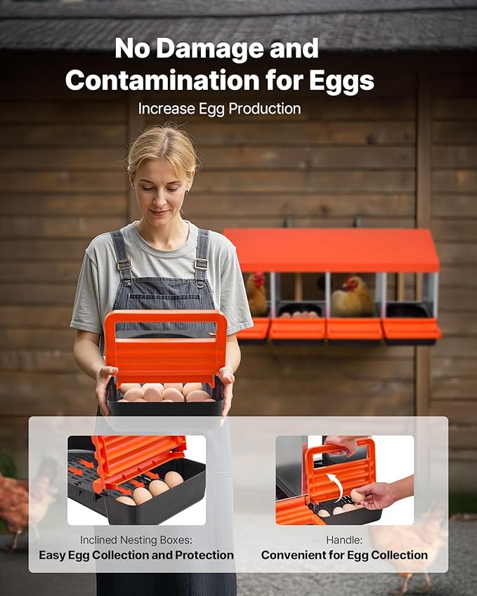 VEVOR Chicken Nesting Boxes, 4 Compartments, Metal Egg Laying Boxes with Protective Collection Lids, Roll Out Nesting Box, Easy to Assemble, Ideal for Hens, Ducks, Chickens, and Other Poultry, Orange