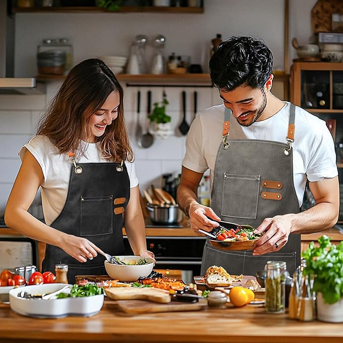 AOLEBA Aprons for Men & Women,Canvas Chef Apron with Cross Back Adjustable,For Kitchen, Garden, Cafe, Mens Aprons Gifts for Dad Father Men, M-XXL (Black)
