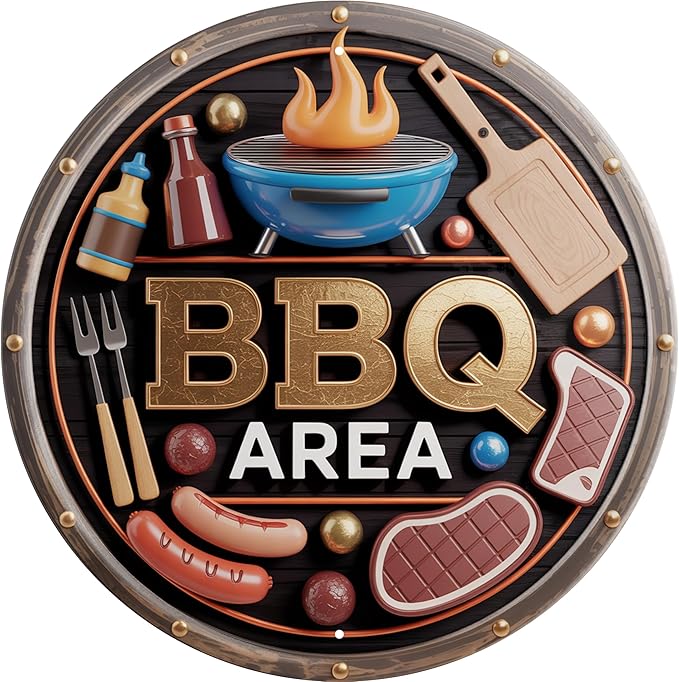 AWISZZZ BBQ Area Metal Sign 8x8in Round Retro Plaque for Backyard Grill Wall Decor Outdoor Cooking Gift