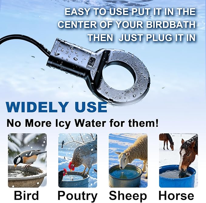 150W Chicken Water Heater with Thermostat,Cast Aluminum Submersible Bird Bath De-Icer for Plastic/Metal Poultry,Power Cord 9.8 Ft,Black