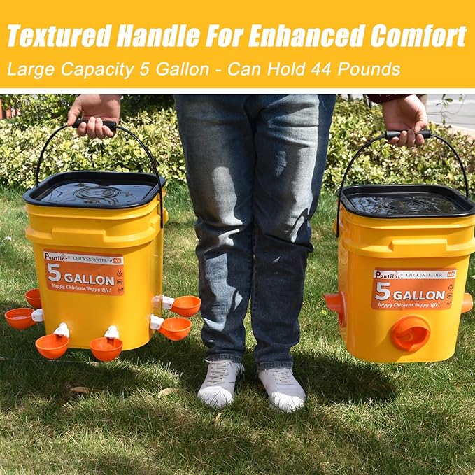 5 Gallon Automatic Chicken Waterer & 44 Lbs No Waste Feeder Set, Poultry Feeding Equipment with Buckets for Chicken Coop Accessories