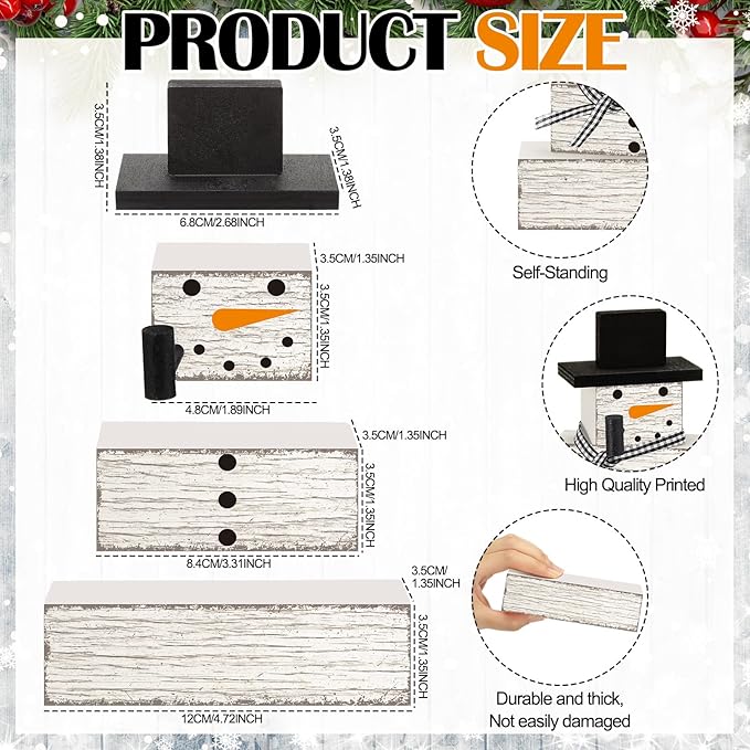 Geelin 4 Pcs Snowman Decor Winter Table Decorations Christmas Tiered Tray Decor Winter Centerpiece Decorations Indoor Rustic Wooden Snowman Block Sign Gift for Home Table Kitchen Shelf