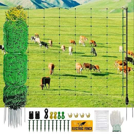 Electric Fence Netting, Portable Livestock Fencing for Sheep, Cattle, Net Fencing Kit with 14 Posts Double Spiked, Movable Poultry Netting for Backyards, Homesteaders, Farms Ranches (164 * 35.43)