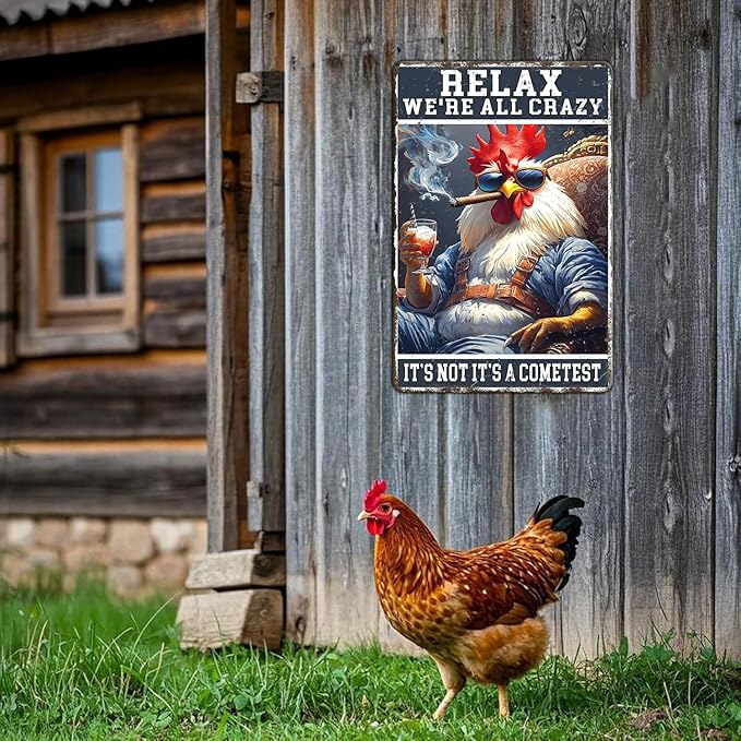 Funny Chicken Signs Relax,We're All Crazy Aluminium Sign Metal Chicken Signs Decor Home Ktichen Farm Are Wall 12x16 Inch Vintage Chicken Signs For Coop Metal Tin Signs Poster