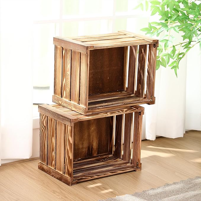 Ripeng 2 Pack Wooden Large Crates Storage Crate Decorative Wood Crates Wooden Storage Container with Handles for Display Decor 15.75 x 11.8 x 10.24 inches