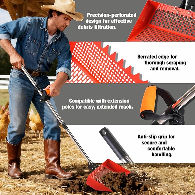Lineslife Chicken Poop Scooper for Sand & Rake 2-in-1, Metal Chicken coop Scoop with 35 to 76" Adjustable Aluminum Alloy Handle, Litter Scooper Sand Sifting Shovel Chicken Coops/Animals House