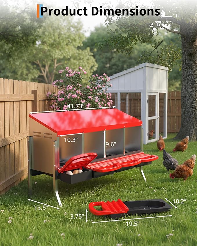 Chicken Nesting Boxes, 4 Hole Metal Rollaway Nest Box for Laying Hens with Cleanable Pull-Out Trays Wall Mount or Placed Design for Easy Egg Collection & Cleaning(Includes Legs)