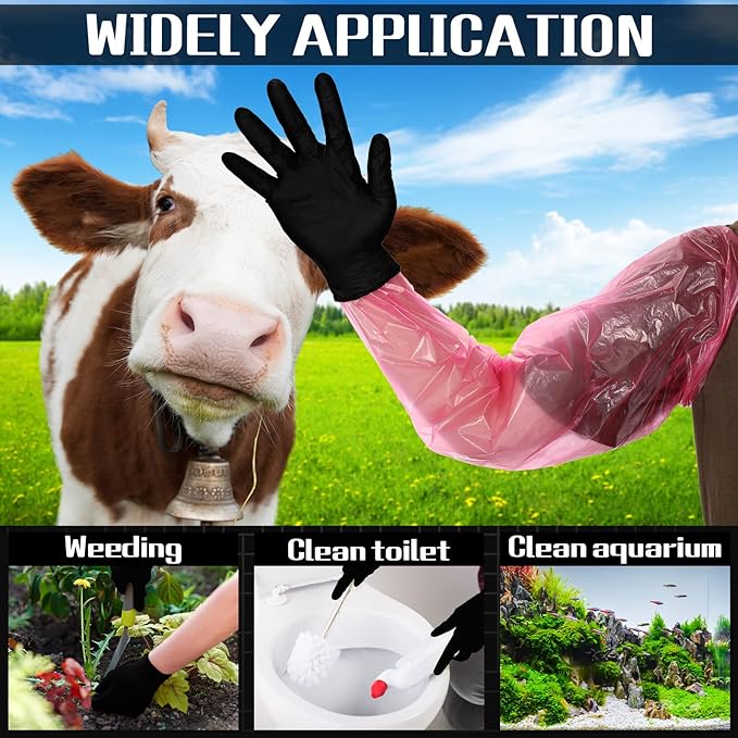 Meanplan 60 Pcs Field Dressing Gloves Disposable Cleaning Hunting Field Processing Gloves Shoulder Length Black Dressing with Long and Short Gut Mitten Combo Pack
