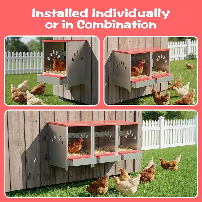 Chicken Nesting Boxes, 3 Hole Large Metal Hen Laying Box with Swing Perch and Roll Away Egg Collection, Wall Mountable with Vented Holes for Chickens Ducks Birds